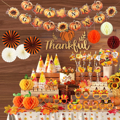 Thanksgiving Party Decor Autumn Maple Leaf Lantern Banner Pumpkin Straw Turkey Hat Honeycomb Ball Fall Harvest Home Party Props