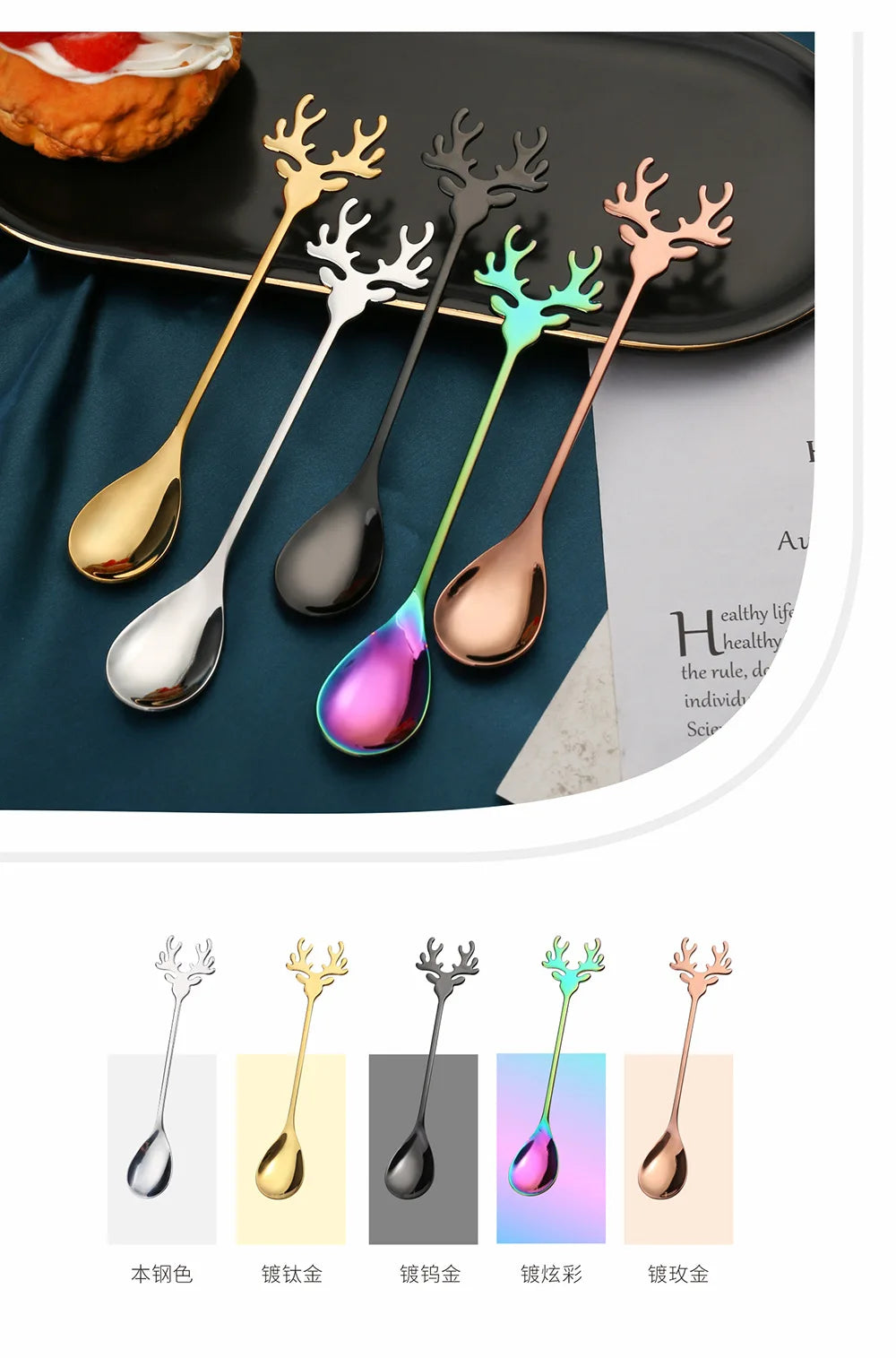 4pcs Christmas Elk Head Shape Stainless Coffee Spoon New Year 2024 Christmas Decoration Table Decor for Home Navidad 2023 Gifts