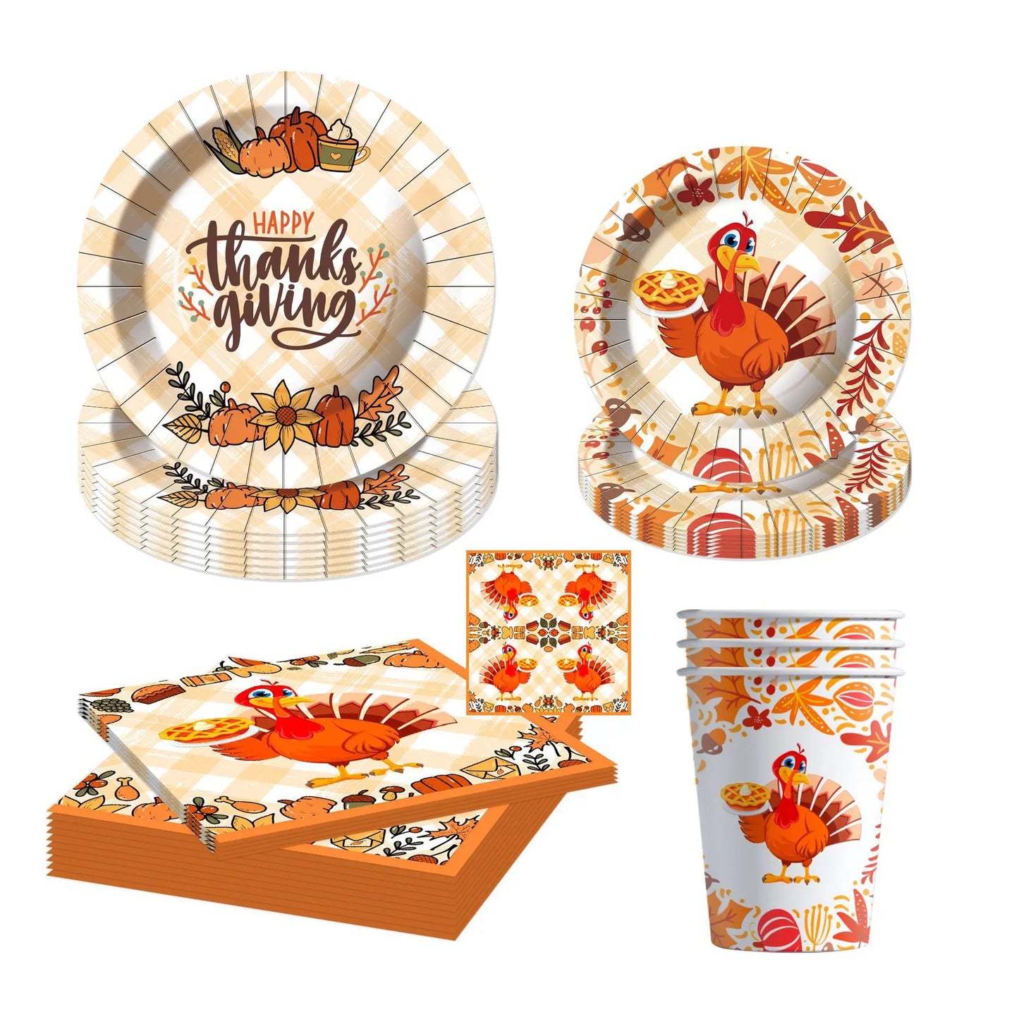 Thanksgiving Turkey Cartoon Theme Disposable Tableware Paper Plates Cups Balloons Flag Birthday Family Party Decoration Supplies