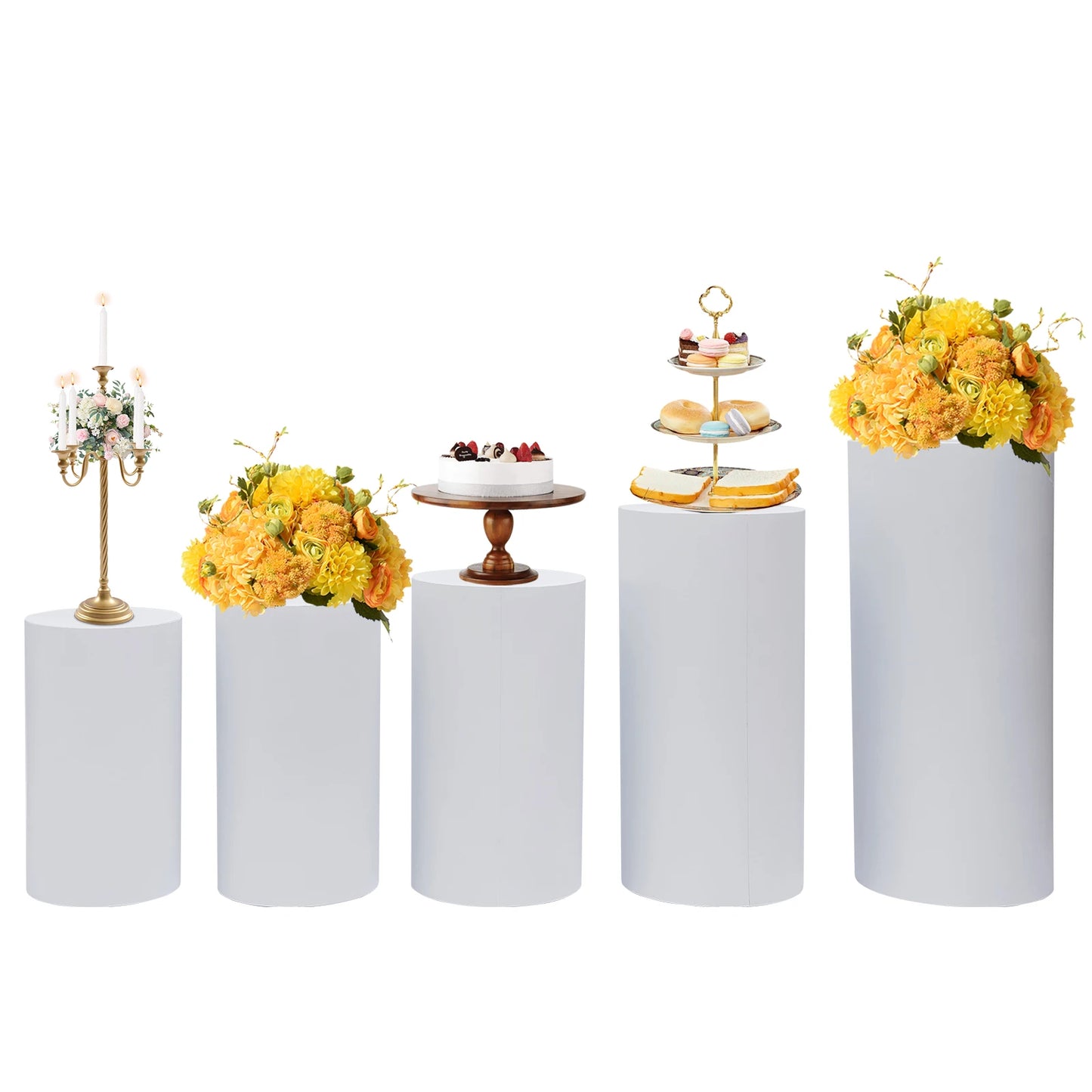 5Pcs Cylinder Metal Pedestal Stand White Cake Plinths Backdrop Flower Column Dessert Table for Party Wedding  Birthday Decor