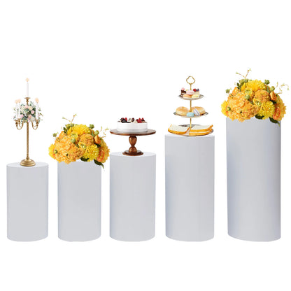 5Pcs Cylinder Metal Pedestal Stand White Cake Plinths Backdrop Flower Column Dessert Table for Party Wedding  Birthday Decor