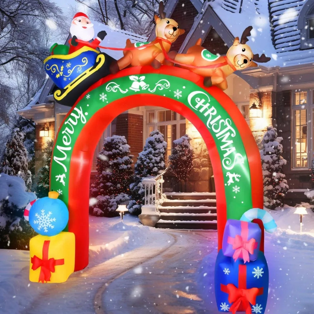 10 FT Christmas Inflatable Archway Santa Claus on Sleigh with Reindeers Christmas Blow Up Yard Decorations with LED Lights