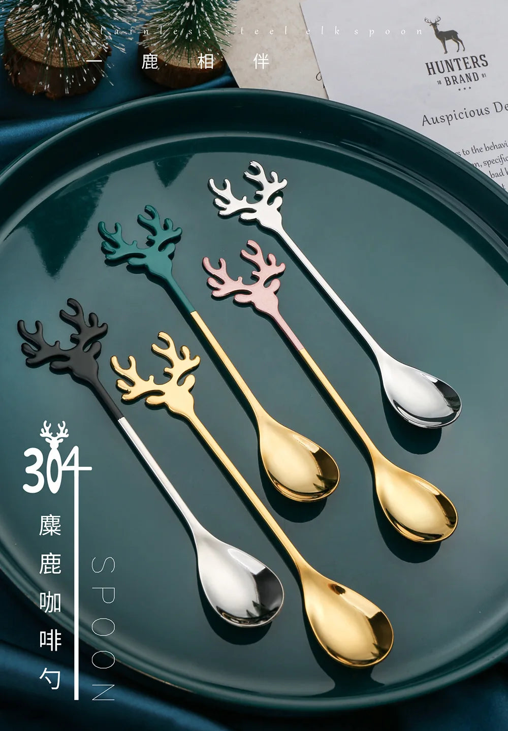 4pcs Christmas Elk Head Shape Stainless Coffee Spoon New Year 2024 Christmas Decoration Table Decor for Home Navidad 2023 Gifts