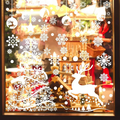 1SET Christmas Tree Window Clings White Reindeer Snowflake Xmas Window Decorations Sticker Reusable Christmas Window Door Decals