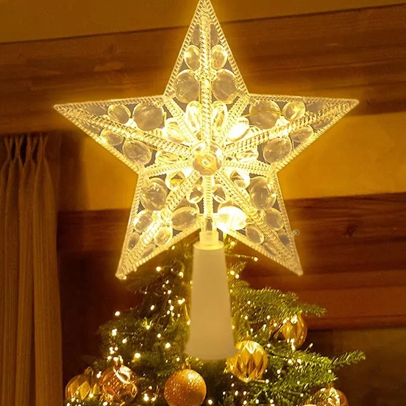 Glowing Christmas 15cm Tree Topper Xmas Tree Transparent Five-pointed Star Ornament Star Topper with LED Light for Home Decor