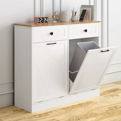 Kitchen Island Counter Trash Cabinet Wood White Trash Can Freestanding Tilt Out Trash Bin Holder for Kitchen Dining Room