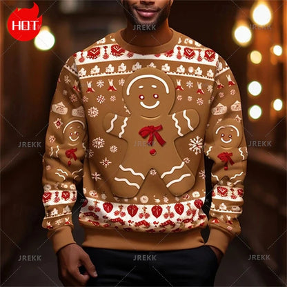 3D Printing Gingerbread Man Sweatshirts Vintage Happy Christmas Graphic Round Neck Hoodie Fashion Ugly Christmas Sweatshirt Tops