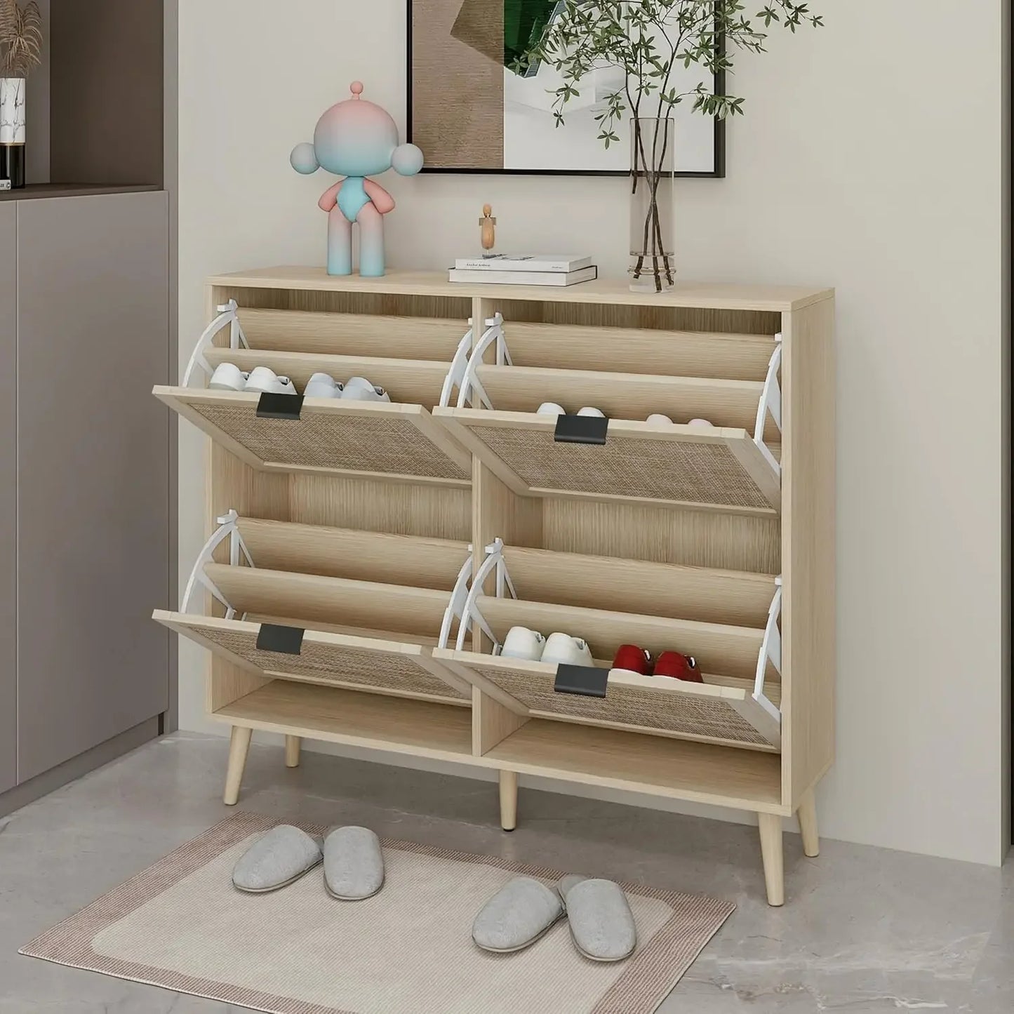 Rattan Shoe Cabinet with 4 Flip Drawers