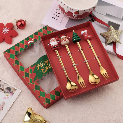 Xmas Party Fork Spoon Kits 4/6Pcs Christmas Stainless Steel Creative Tableware Set Glod Spoon Forks Decoration Cutlery Gift