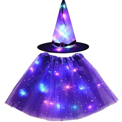 LED Girl Wizard Witch Spider Web Tutu Skirt Cobweb Hat Props Glow Party Birthday Costumes Bat Cloak Halloween Festival Christmas