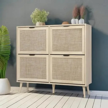 Rattan Shoe Cabinet with 4 Flip Drawers