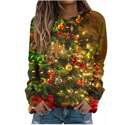 Harajuku 3D Funny Christmas Trees Printing Sweatshirts Reindeer Xmas Graphic Ugly Christmas Sweatshirts Mens Round Neck Hoodies