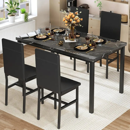 Dining Table Set for 4, 47in Kitchen Table and Chairs Set of 4, Faux Marble Dining Room Table Set with 4 PU Leather Chairs