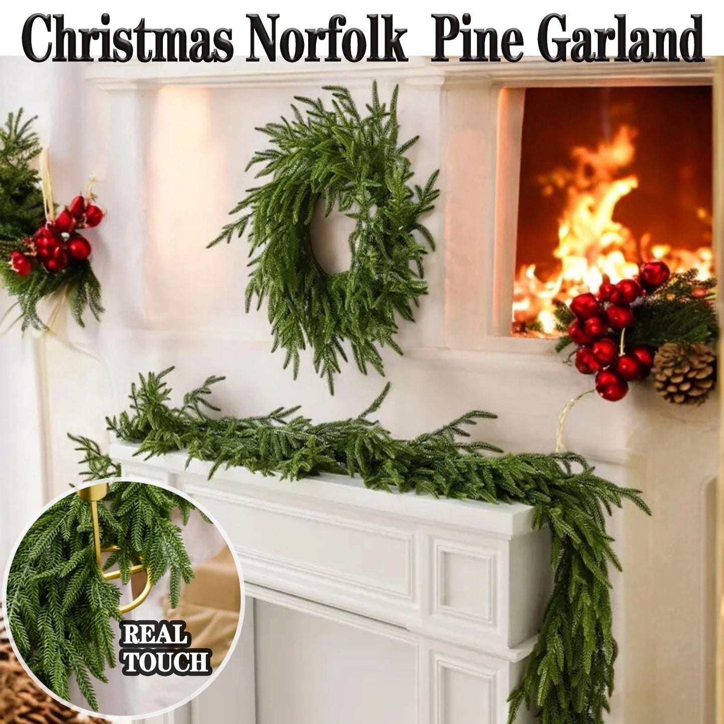 6/9 Ft Christmas Norfolk Pine Garland Real Touch Artificial Greenery Wreath Bulk for Holiday Fireplace Table  Indoor Home Decor