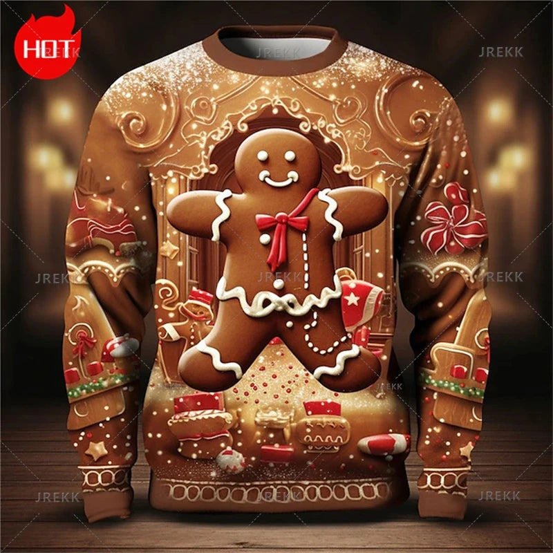 3D Printing Gingerbread Man Sweatshirts Vintage Happy Christmas Graphic Round Neck Hoodie Fashion Ugly Christmas Sweatshirt Tops