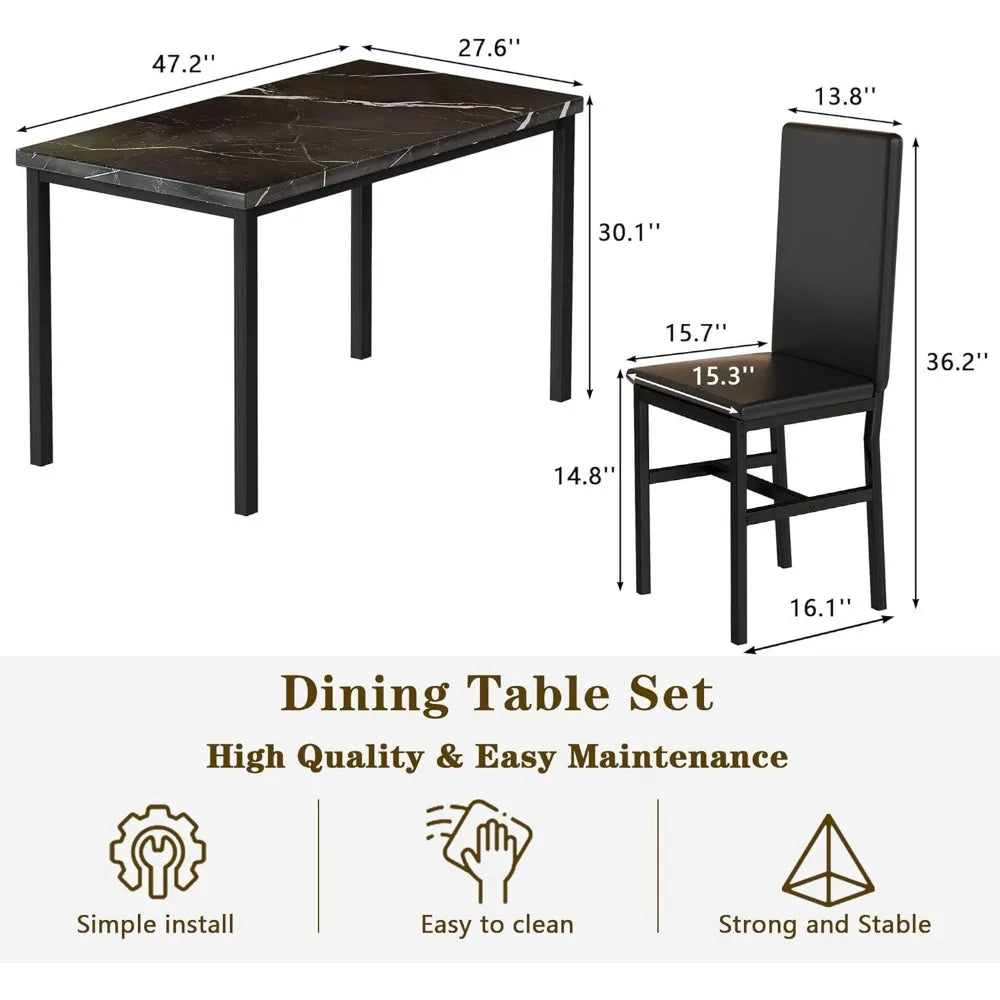 Dining Table Set for 4, 47in Kitchen Table and Chairs Set of 4, Faux Marble Dining Room Table Set with 4 PU Leather Chairs