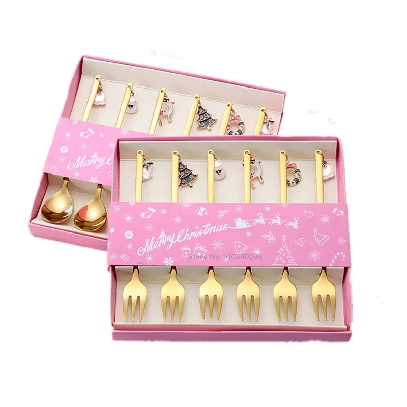 Wholesale Christmas Coffee Spoon & Fork Sets Coffee Stirring Spoon Creative Dessert Tea Spoon Shovel Christmas Gift Box