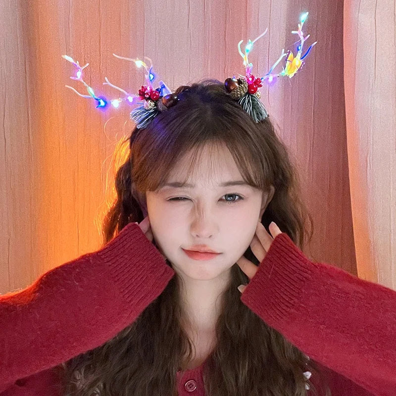 Christmas Hair Accessories Christmas Led Headbands Elk Antlers Glowing Headband 2025 New Year Party Decoration Photo Props 머리띠