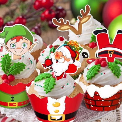 128PCS Christmas Cupcake Toppers Wrappers Santa Claus Snowman Reindeer Gingerbread Cake Decoration for Xmas Party  Baking Tools