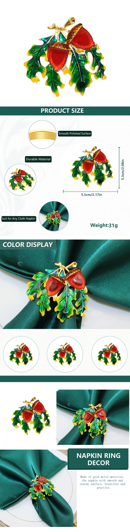 4Pcs Hazelnut Napkin Rings Enamel Xmas Pine Cones Napkin Holder for Christmas Thanksgiving  Dining Buffet Party Table Decor