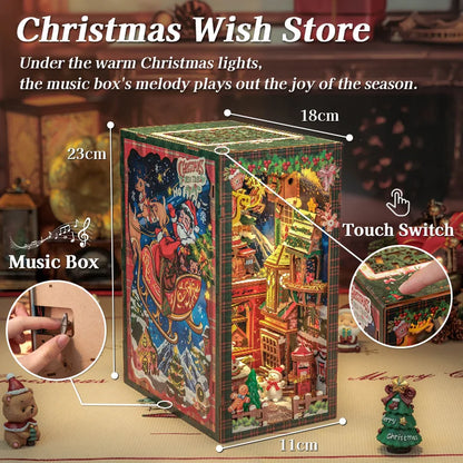 CUTEBEE DIY Christmas Wish Store Book Nook Kit Miniature Dollhouse with Light Dust Cover Bookshelf Insert for Christmas Gift