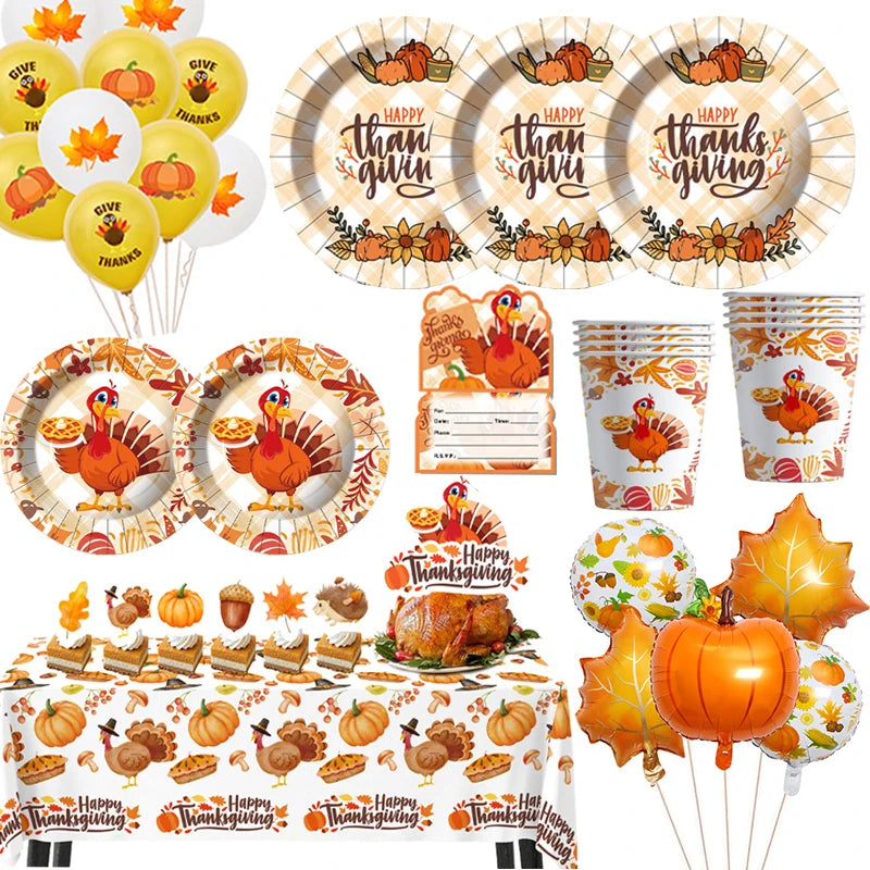 Thanksgiving Turkey Cartoon Theme Disposable Tableware Paper Plates Cups Balloons Flag Birthday Family Party Decoration Supplies