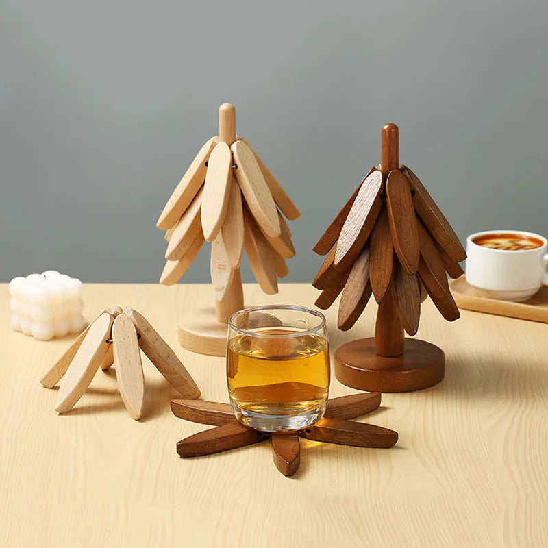 4PCS Tree Design Stand Wooden Trivets Decorative Anti Scald Heat Resistant Table Mat Coaster Wood Placemats Pot