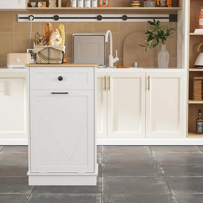 Kitchen Island Counter Trash Cabinet Wood White Trash Can Freestanding Tilt Out Trash Bin Holder for Kitchen Dining Room