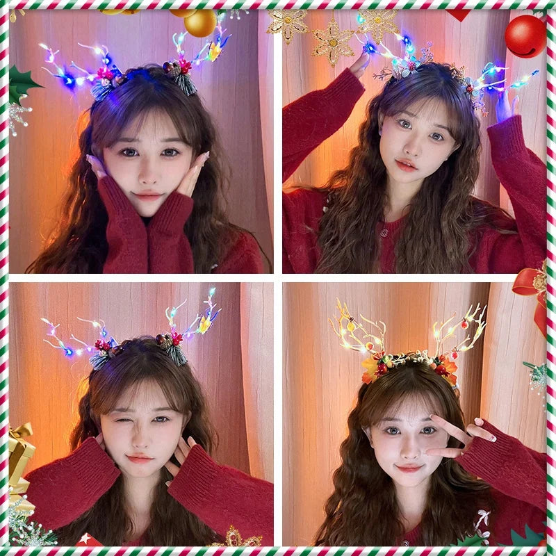 Christmas Hair Accessories Christmas Led Headbands Elk Antlers Glowing Headband 2025 New Year Party Decoration Photo Props 머리띠