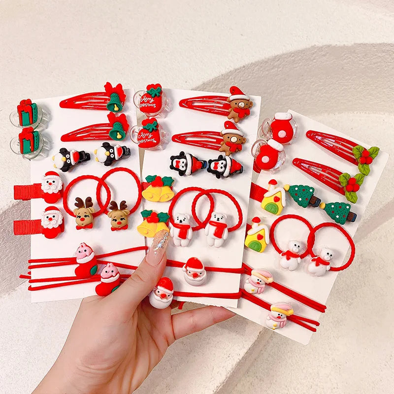 Kids Christmas Headwear Set Cute Santa Claus Tree Deer Princess Girl Hair Ropes Hairpins Kids Red Hair Clips Xmas Gifts for Girl