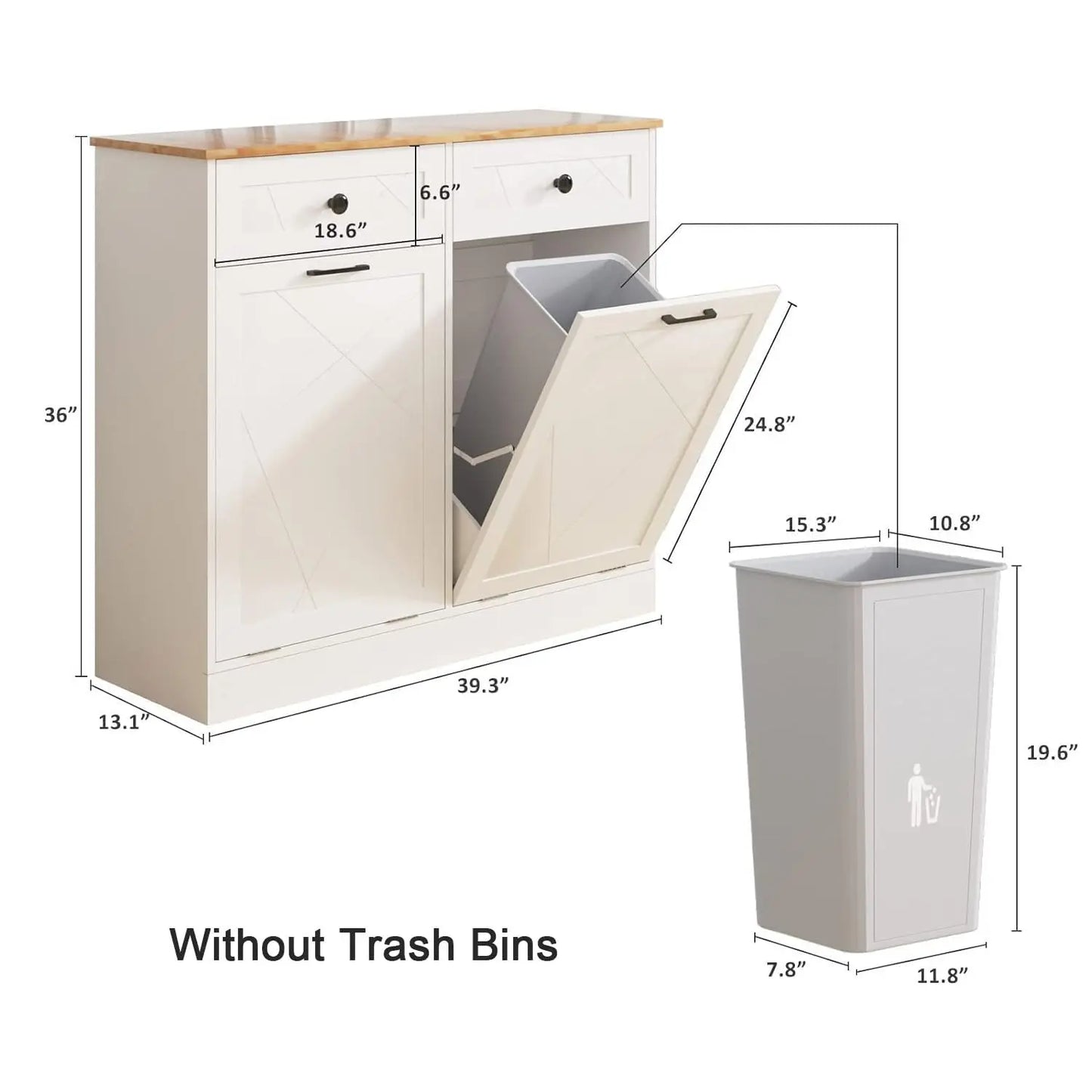 Kitchen Island Counter Trash Cabinet Wood White Trash Can Freestanding Tilt Out Trash Bin Holder for Kitchen Dining Room