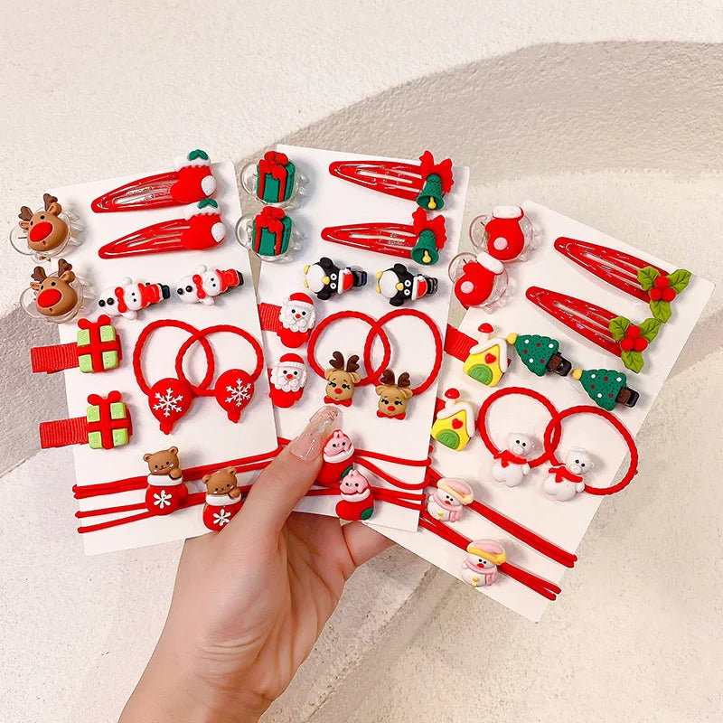 Kids Christmas Headwear Set Cute Santa Claus Tree Deer Princess Girl Hair Ropes Hairpins Kids Red Hair Clips Xmas Gifts for Girl