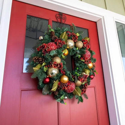 [30 Inch Artificial Christmas Wreath] - Scarlet Hydrangea Collection - Red and Gold Decoration - Pre Lit with 50 Warm Clear Colo