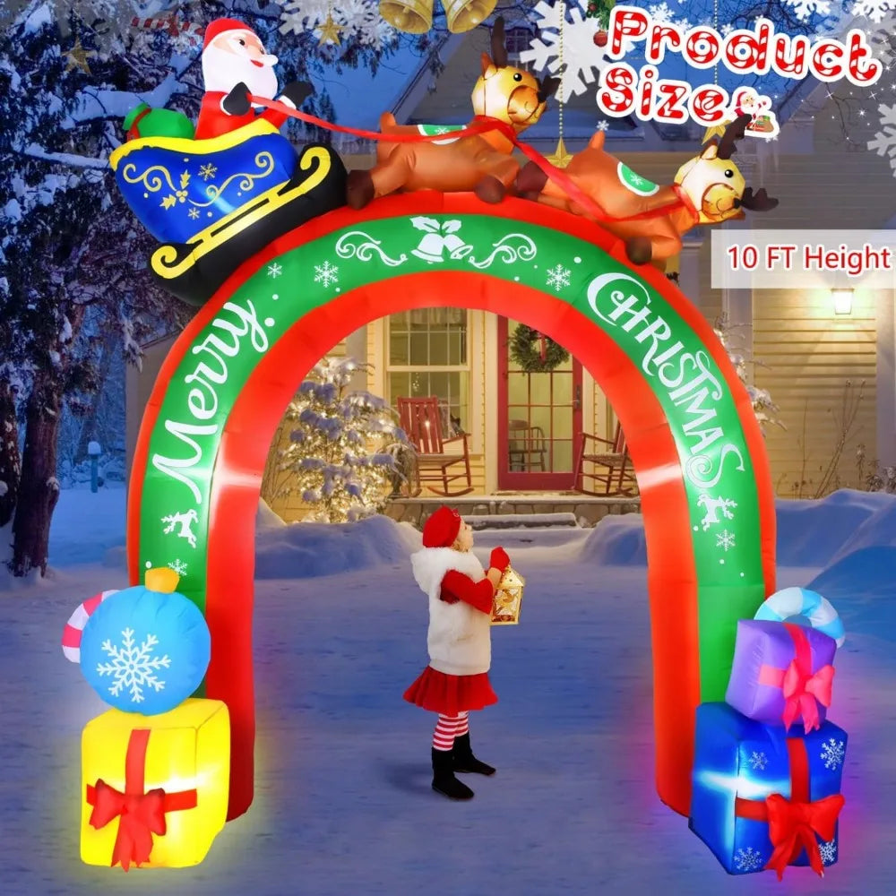 10 FT Christmas Inflatable Archway Santa Claus on Sleigh with Reindeers Christmas Blow Up Yard Decorations with LED Lights