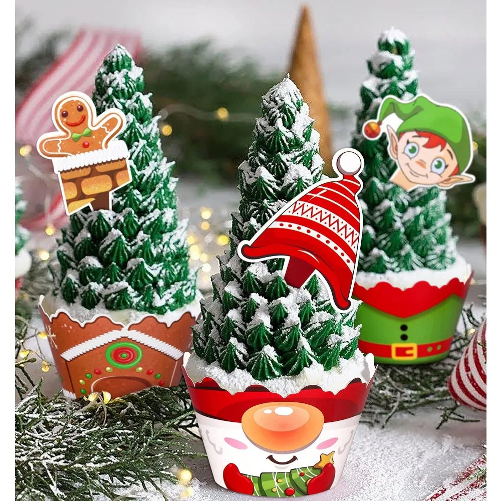 128PCS Christmas Cupcake Toppers Wrappers Santa Claus Snowman Reindeer Gingerbread Cake Decoration for Xmas Party  Baking Tools