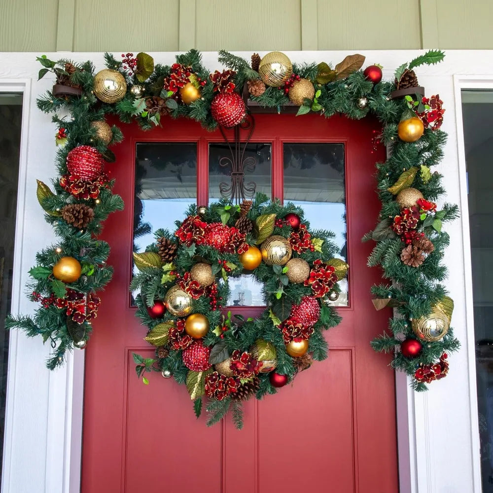 [30 Inch Artificial Christmas Wreath] - Scarlet Hydrangea Collection - Red and Gold Decoration - Pre Lit with 50 Warm Clear Colo