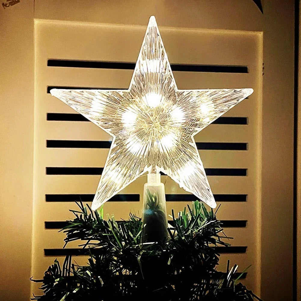 Glowing Christmas 15cm Tree Topper Xmas Tree Transparent Five-pointed Star Ornament Star Topper with LED Light for Home Decor