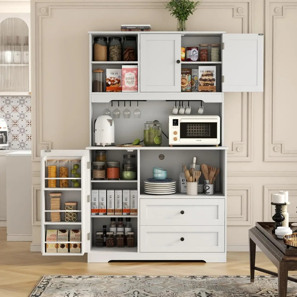 Kitchen Pantry Storage Cabinet,Modern Freestanding Buffet Cabinet with Wine Glass Holder,Food Pantry Cabinet with Doors