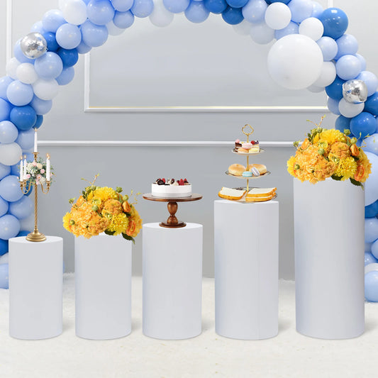 5Pcs Cylinder Metal Pedestal Stand White Cake Plinths Backdrop Flower Column Dessert Table for Party Wedding  Birthday Decor