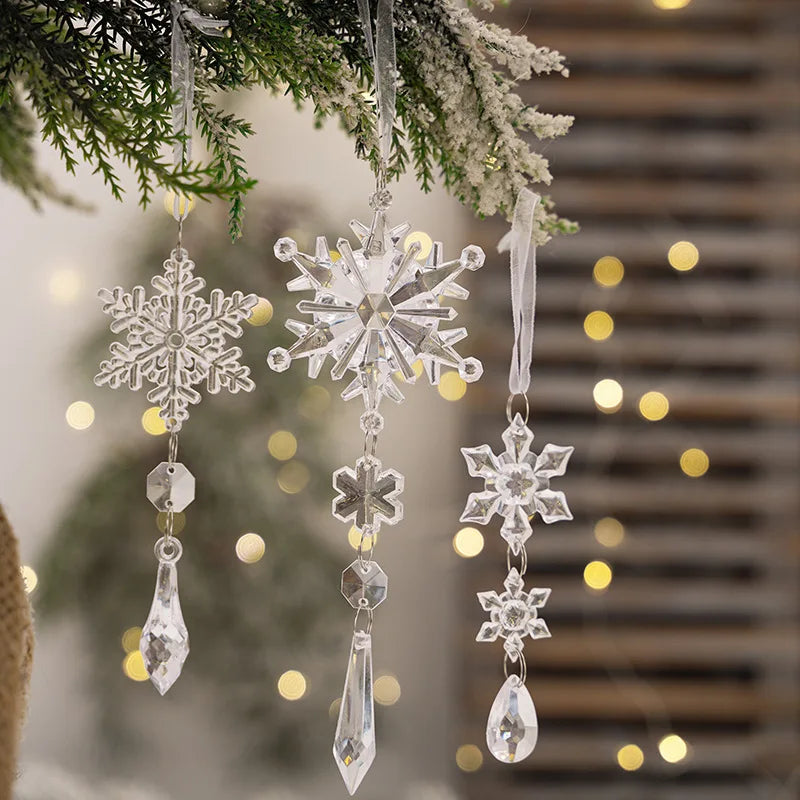 6pcs Crystal Christmas Ornaments for Christmas Tree Decorations-Hanging Acrylic Snowflake Icicle Ornaments with Drop Pendants