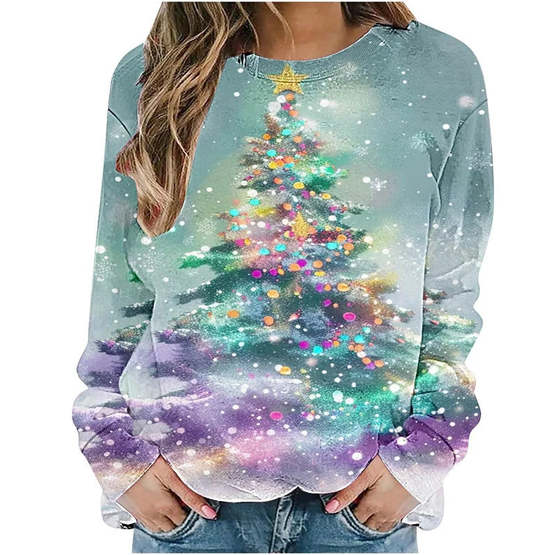 Harajuku 3D Funny Christmas Trees Printing Sweatshirts Reindeer Xmas Graphic Ugly Christmas Sweatshirts Mens Round Neck Hoodies