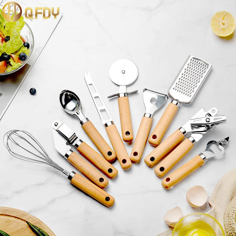 Kitchen gadget set of 9 pieces With Wooden Handle Can Opener Baking Set Cooking Tool Kitchenware Pizza Peeler Cheese Knife