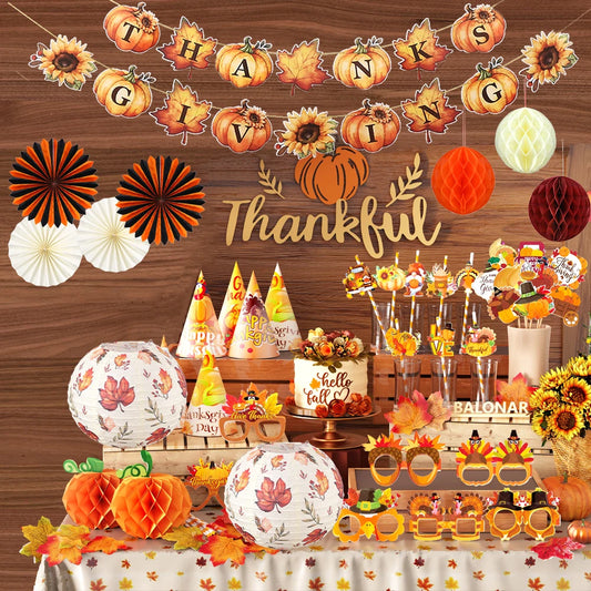 Thanksgiving Party Decor Autumn Maple Leaf Lantern Banner Pumpkin Straw Turkey Hat Honeycomb Ball Fall Harvest Home Party Props