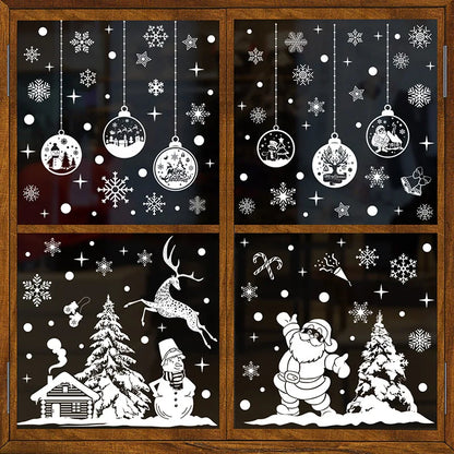 1SET Christmas Tree Window Clings White Reindeer Snowflake Xmas Window Decorations Sticker Reusable Christmas Window Door Decals