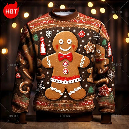 3D Printing Gingerbread Man Sweatshirts Vintage Happy Christmas Graphic Round Neck Hoodie Fashion Ugly Christmas Sweatshirt Tops