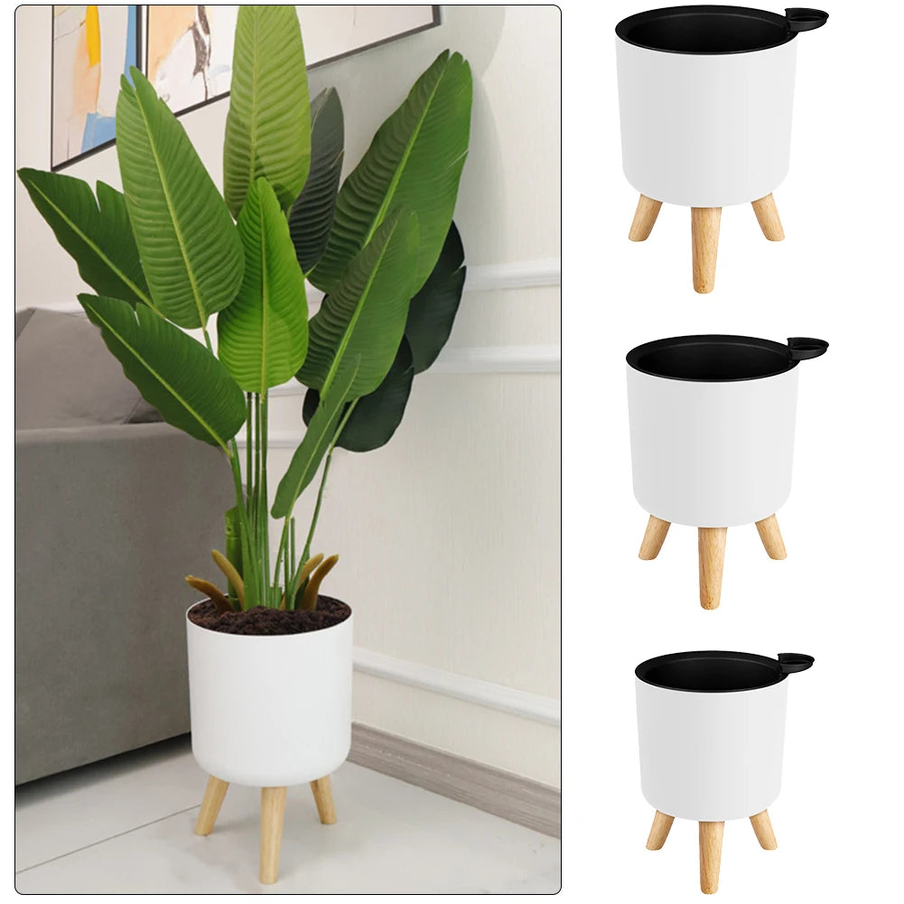 Floor-standing Round Flower Pot Feet Herbs Self Watering Drainage System Bonsai For Plants With Wooden Legs Nursery Modern