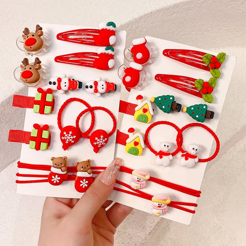 Kids Christmas Headwear Set Cute Santa Claus Tree Deer Princess Girl Hair Ropes Hairpins Kids Red Hair Clips Xmas Gifts for Girl