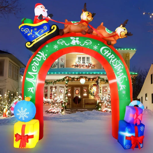 10 FT Christmas Inflatable Archway Santa Claus on Sleigh with Reindeers Christmas Blow Up Yard Decorations with LED Lights