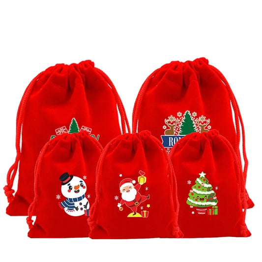 1pc Drawstring Christmas Velvet Bags Red Gift Packaging Bag Candy Biscuit Pouch Merry Xmas Bracelet Jewelry DIY Storage Supplies