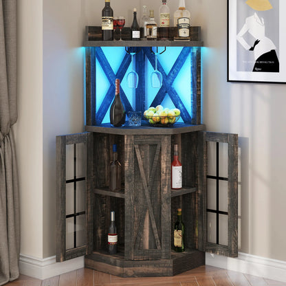 72" Corner Bar Cabinet w/ Glass Door & LED Lights 6-Tier Kitchen Alcohol Cabinet